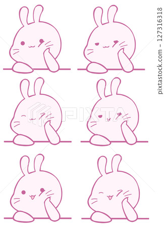 Set of 6 rabbit icons resting on cheek (pink) Set of 6 rabbit icons resting on cheek (pink) 127316318
