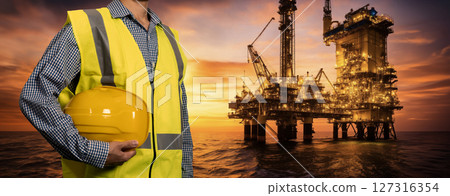 Engineer next to offshore jack up oil and gas wellhead remote platform drilling rig during sunset which produced raw material for sent to onshore refinery, power generation and petrochemical industry. 127316354