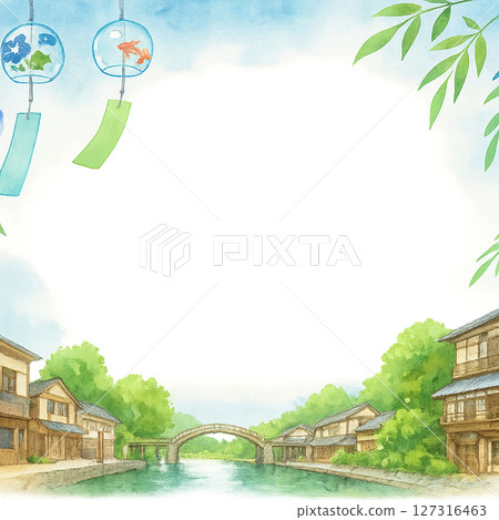 日式旅行框架，帶有三朝溫泉和夏季風鈴圖案水彩插圖透明PNG 127316463