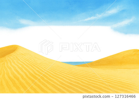 鳥取沙丘藍天夏日清爽旅行框水彩風格插圖透明PNG 127316466