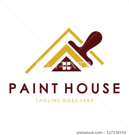 logo icon illustration house paint with a blend of brushes and rollers for house wall paint design, minimalist house, painting, interior, building, property business, wallpaper, vector concept 127316559