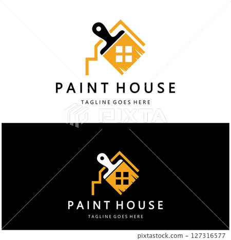 logo icon illustration house paint with a blend of brushes and rollers for house wall paint design, minimalist house, painting, interior, building, property business, wallpaper, vector concept 127316577