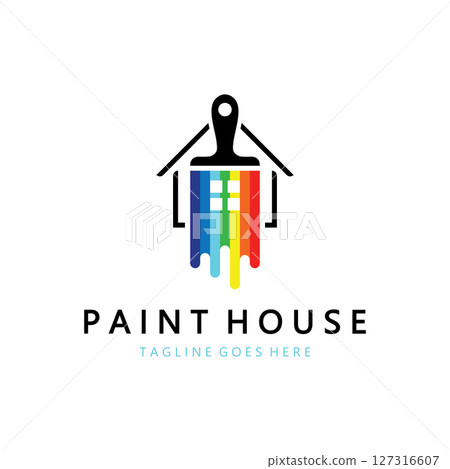 logo icon illustration house paint with a blend of brushes and rollers for house wall paint design, minimalist house, painting, interior, building, property business, wallpaper, vector concept 127316607
