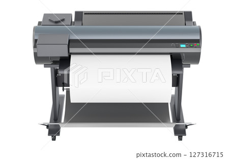 Large format plotter printer with blank sheet, front view. 3D rendering Large format plotter printer with blank sheet, front view. 3D rendering 127316715