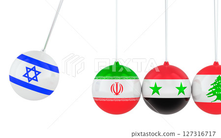 Newtons cradle with Israel, Iran, Syria, Lebanon flags. Symbolizing geopolitical tension and chain reaction. 3D rendering Newtons cradle with Israel, Iran, Syria, Lebanon flags. Symbolizing geopolitical tension and chain reaction. 3D rendering 127316717