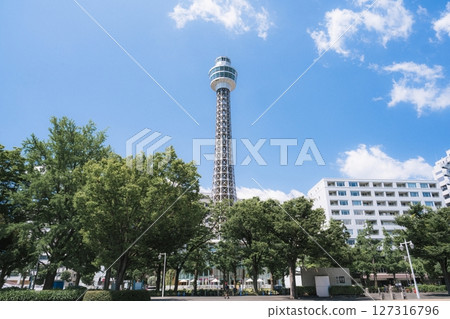 Yokohama, Japan - 05 June 2025 : Yokohama Marine Tower near Tokyo, Japan, which was filmed on a clear afternoon in early summer Yokohama, Japan - 05 June 2025 : Yokohama Marine Tower near Tokyo, Japan, which was filmed on a clear afternoon in early summer 127316796