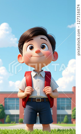 Young Boy Smiling With Backpack Outside School on a Sunny Day 127316874