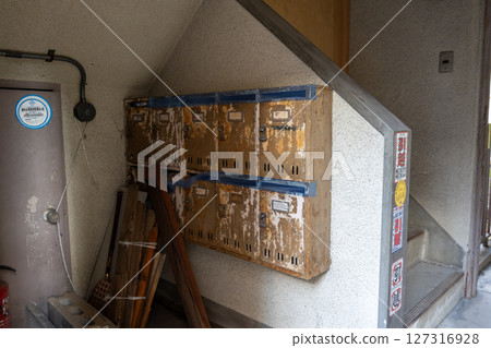 Postbox of an old Japanese apartment building 127316928