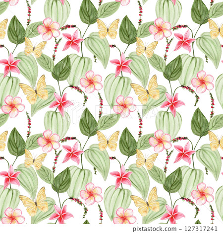 Branch of Kampot pepper plant with heart-shaped green leaves and multicolored peppercorns. Hand-painted watercolor isolated on white. Perfect for packaging, culinary design, branding, or eco labels 127317241