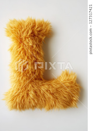 A decorative letter L made of soft, fluffy yellow material sits prominently on an unadorned white background, showcasing its vibrant color A decorative letter L made of soft, fluffy yellow material sits prominently on an unadorned white background, showcasing its vibrant color 127317421