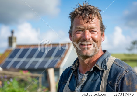 A man in his thirties stands outside a home with solar panels, smiling while dressed in work clothes on a sunny day in a rural setting Generative AI A man in his thirties stands outside a home with solar panels, smiling while dressed in work clothes on a sunny day in a rural setting Generative AI 127317470