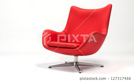 Sleek red chair with curved edges and comfortable seating positioned against a plain white background, showcasing modern design aesthetics 127317488