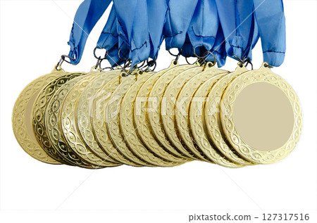 Golden medals blue ribbons for win sport competition, isolated on a white background 127317516