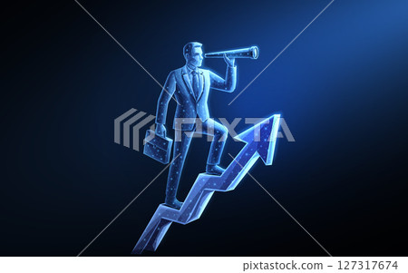 A businessman with telescope. Visionary leader, business opportunity concept, career growth. 127317674
