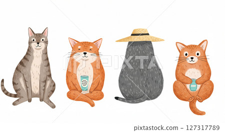 戴著草帽的貓的插圖 127317789