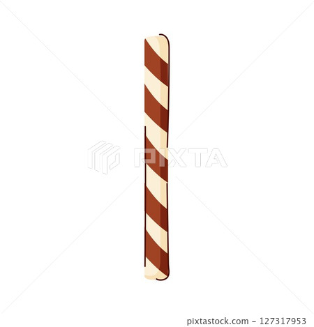 Striped wafer sticks with brown and cream color in flat style isolated on white background. Perfect for sweet packaging, holiday design or dessert menu illustration. 127317953