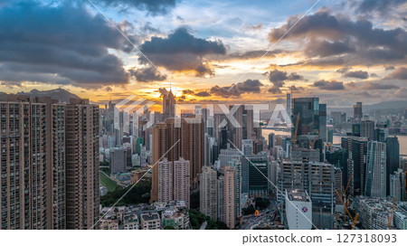 June 10 2025 Urban Cityscape Panorama Overlooking Skyscrapers at Sunset with Dramatic Sky 127318093