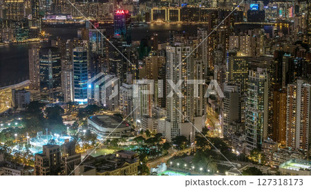 June 10 2025 Illuminated Cityscape with Modern Skyscrapers and Waterfront at Night 127318173