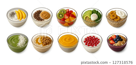 Top view of ten delicious and colorful smoothie or yogurt bowls, each with a unique combination of fruits, seeds, nuts, and superfoods. Breakfast bowls. Top view of ten delicious and colorful smoothie or yogurt bowls, each with a unique combination of fruits, seeds, nuts, and superfoods. Breakfast bowls. 127318576
