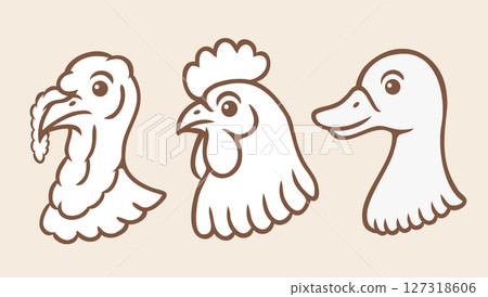 Vector set illustrations of turkey, chicken and duck heads in retro style. Vintage illustrations of turkey, rooster and duck 127318606