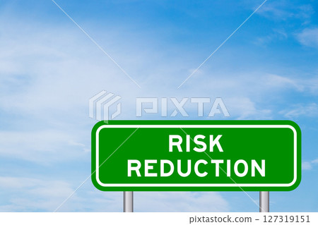 Green color transportation sign with word risk reduction on blue sky with white cloud background 127319151