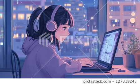 Cute Girl Working on Laptop and Listening to Music at Desk 127319245