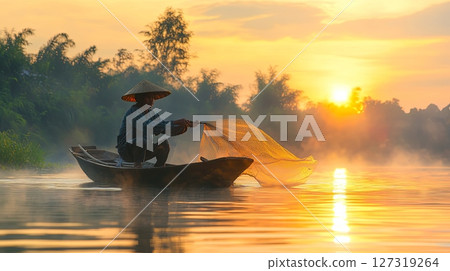 Asian Fisherman on Wooden Boat Casting a Net - Stock Photo 127319264
