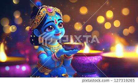 Little Krishna on Pot with Candle - Janmashtami Art Little Krishna on Pot with Candle - Janmashtami Art 127319265