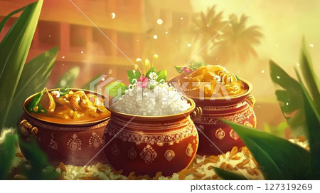 Traditional Indian Janmashtami Food Pots Display 127319269
