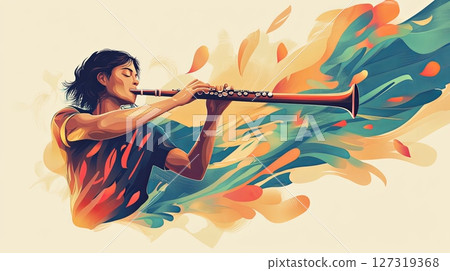 Woman Playing Flute with Colorful Paint - Musical Artistry 127319368