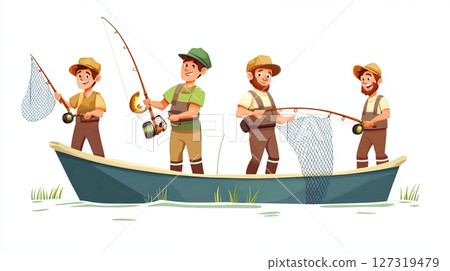 Three Fishermen in Boat Enjoying Fishing Adventure Three Fishermen in Boat Enjoying Fishing Adventure 127319479