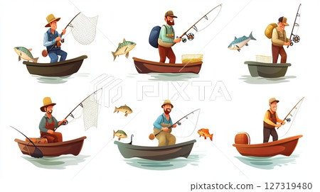 Fishing Scene with Fishermen in Boat Holding Fish and Rod 127319480