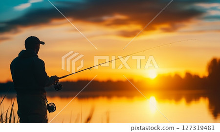 Serene Sunset Fishing Scene with Man Holding Spinning Rod 127319481