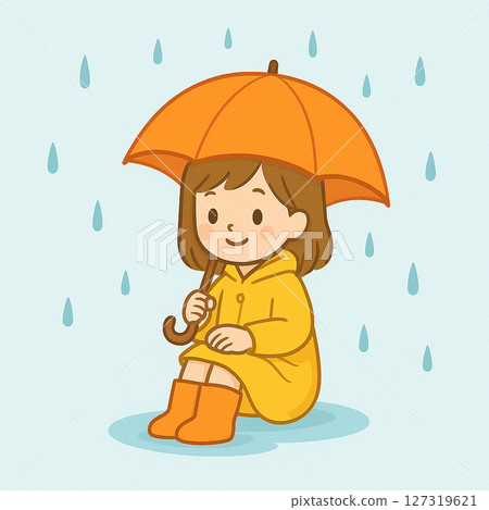 坐在下雨天的女孩（插圖） 127319621