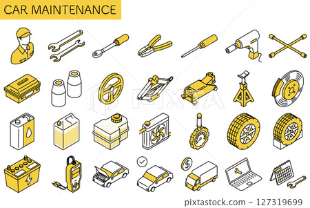 簡單可愛的汽車維修線條圖標，等距 127319699