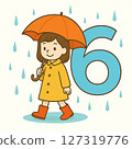 “雨季期間，一名 6 歲女孩撐著傘的插圖（數字 6）” 127319776