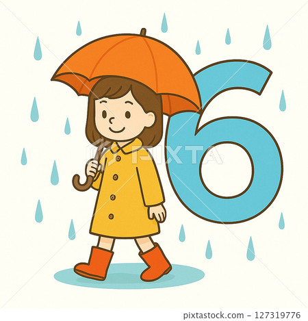 “雨季期間，一名 6 歲女孩撐著傘的插圖（數字 6）” 127319776