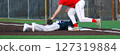 Player Slides Back Into First Base During Intense Baseball Game 127319884