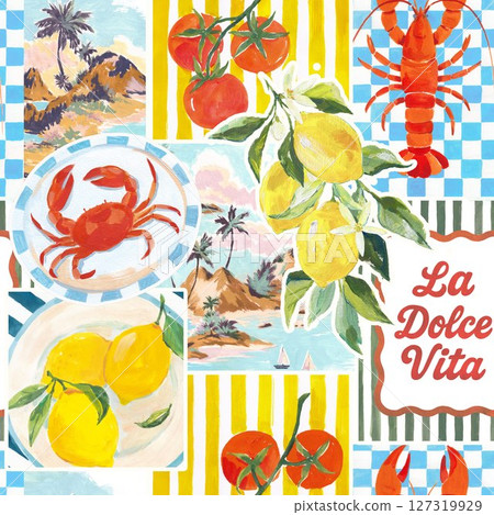 Trendy seamless summer tropical pattern featuring lemons on a branch, lobster, crab, tomatoes, and island palm trees. Set against a mix of checkered and striped backgrounds. Ideal for fashion, fabric 127319929