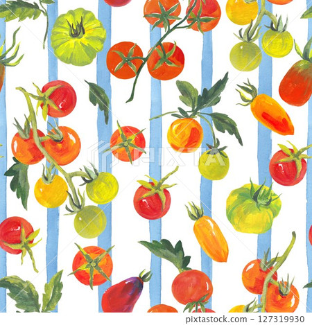 Seamless pattern with farm tomatoes of different varieties on a light blue striped background. Hand-painted in acrylic style, perfect for textiles, packaging, wallpaper, and summer-themed designs. Seamless pattern with farm tomatoes of different varieties on a light blue striped background. Hand-painted in acrylic style, perfect for textiles, packaging, wallpaper, and summer-themed designs. 127319930