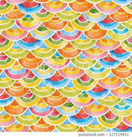 Abstract wallpaper with scales. Rainbow half-circular pattern. Watercolor hand drawn Background and wallpaper red design style. 127319931