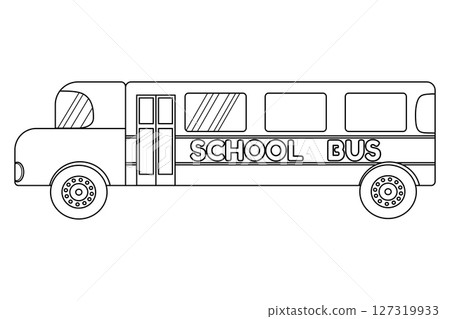 Coloring page with contour drawing of school bus. Side view transportation for students. For entertaining kids, back to school or education black and white design, DIY craft, classroom decor. 127319933
