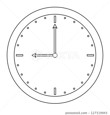 Coloring page for kids with outline drawing of round wall clock with ring mechanical dial showing 9 oclock - symbolizing school start time. For entertaining kids, back to school black and white design Coloring page for kids with outline drawing of round wall clock with ring mechanical dial showing 9 oclock - symbolizing school start time. For entertaining kids, back to school black and white design 127319943