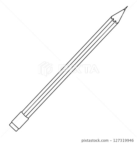 Coloring page with contour drawing of classic sharpened pencil with eraser. For entertaining kids, back to school or education black and white design, DIY craft, educational concept, classroom decor. 127319946