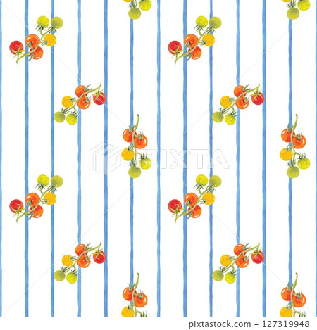 Seamless pattern with hand-painted tomatoes on a light blue striped background. Acrylic style, perfect for textiles, wallpaper, packaging, and summer-themed designs. 127319948