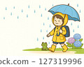 雨季撐傘上學的孩子的插圖（有雨衣、青蛙和繡球花） 127319996