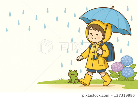雨季撐傘上學的孩子的插圖（有雨衣、青蛙和繡球花） 127319996
