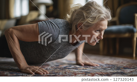 senior woman doing pushups at home on carpet, focused on fitness and healthy lifestyle senior woman doing pushups at home on carpet, focused on fitness and healthy lifestyle 127320143