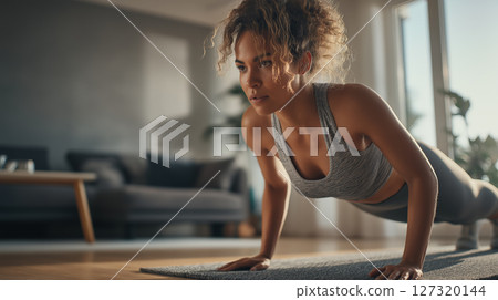 young athletic woman doing pushups on yoga mat at home, focused on fitness workout young athletic woman doing pushups on yoga mat at home, focused on fitness workout 127320144