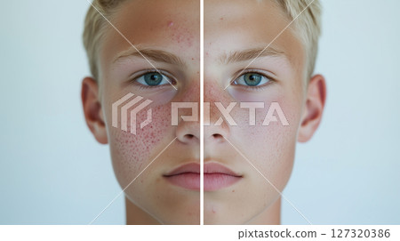 White European Blonde Man, Treatment Dermatology, Cosmetology Beauty Procedures, Freckles, Acne, Before and After Banner 127320386